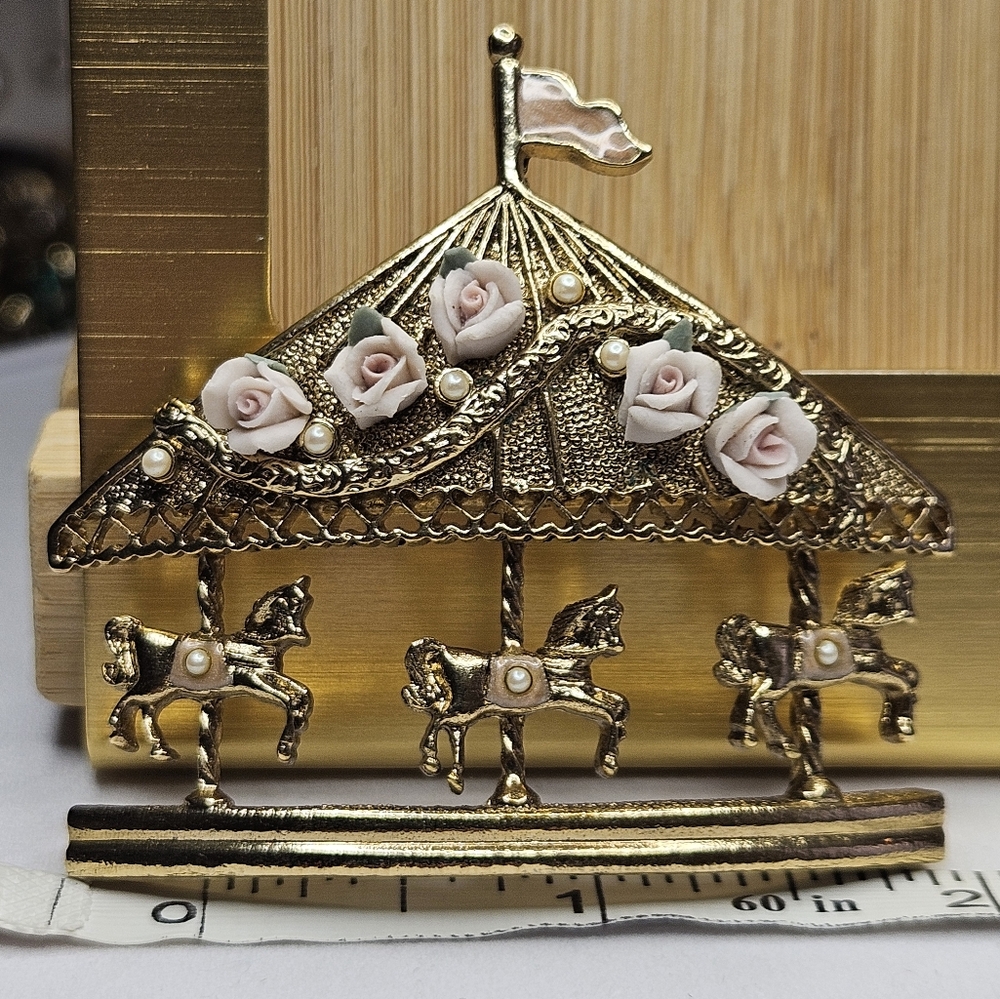 Vintage 1928 Carousel Brooch Horses Pink Roses Faux Pearls
